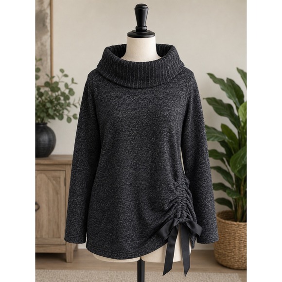 White House Black Market Sweaters - White House Black Market Cowl Neck Sweater Gray Marl Side Bow Knit Top Medium